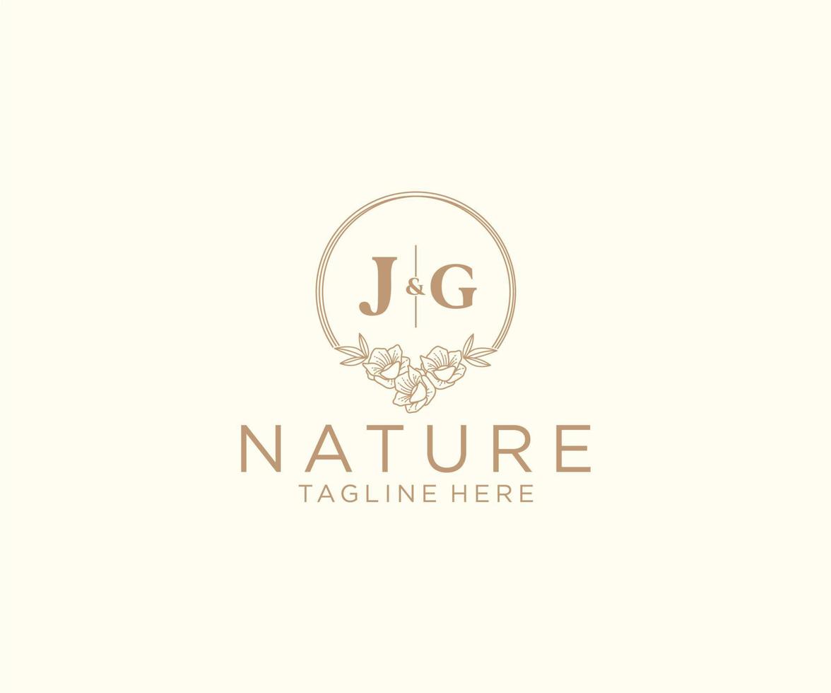 initial JG letters floral frames. Botanical feminine editable premade monoline unique decoration for greeting card, wedding invitation. vector