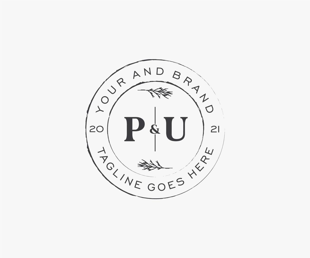 initial PU letters floral frames. Botanical feminine editable premade monoline unique decoration for greeting card, wedding invitation. vector