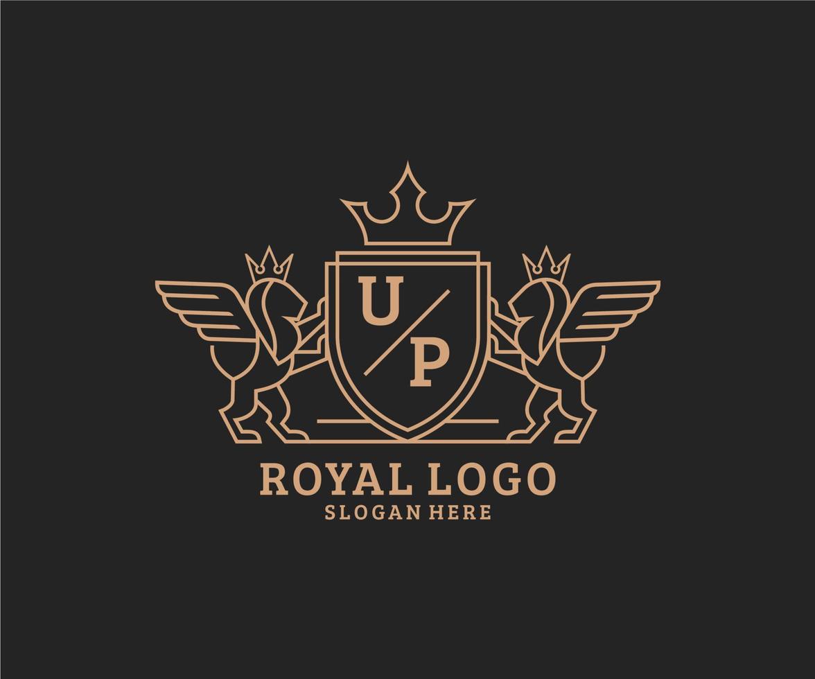 Initial UP Letter Lion Royal Luxury Heraldic,Crest Logo template in vector art for Restaurant, Royalty, Boutique, Cafe, Hotel, Heraldic, Jewelry, Fashion and other vector illustration.