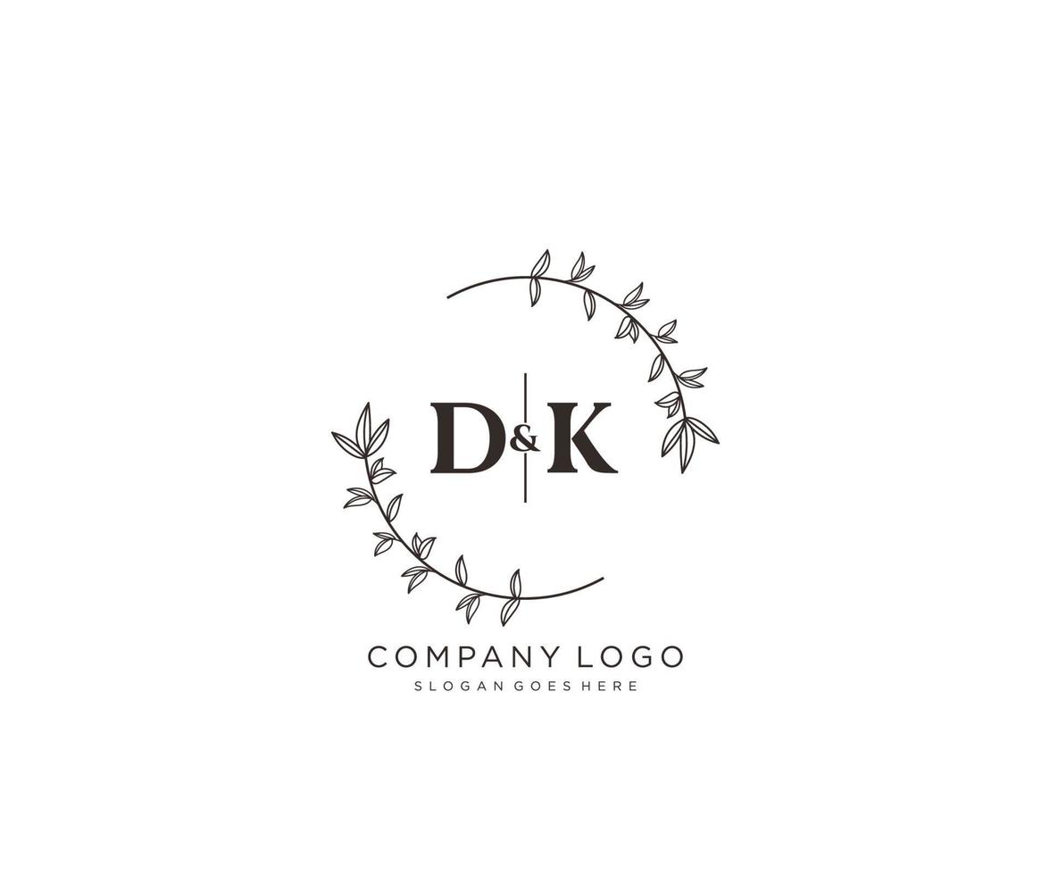 initial DK letters Beautiful floral feminine editable premade monoline logo suitable for spa salon skin hair beauty boutique and cosmetic company. vector