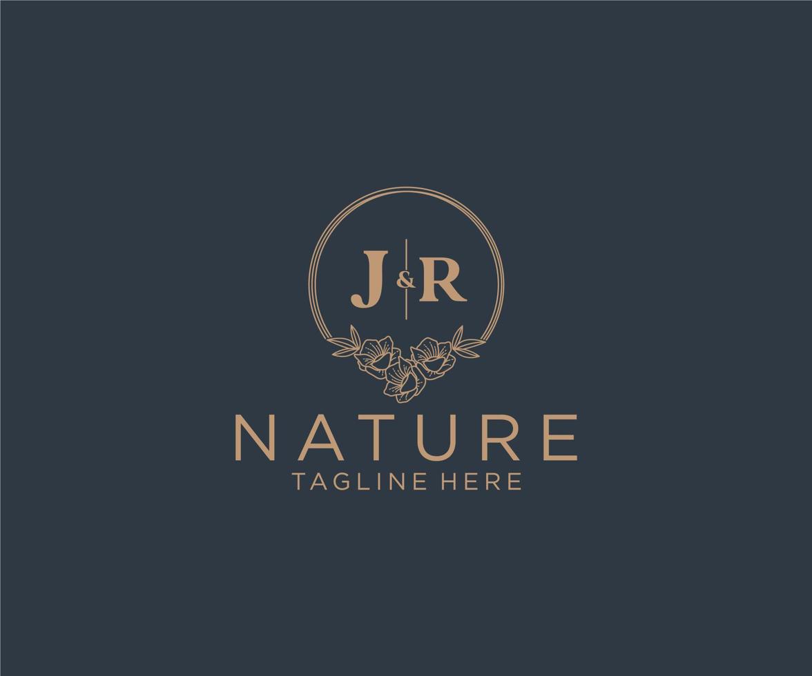 initial JR letters floral frames. Botanical feminine editable premade monoline unique decoration for greeting card, wedding invitation. vector