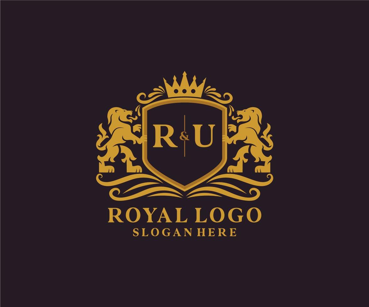 Initial RU Letter Lion Royal Luxury Logo template in vector art for Restaurant, Royalty, Boutique, Cafe, Hotel, Heraldic, Jewelry, Fashion and other vector illustration.