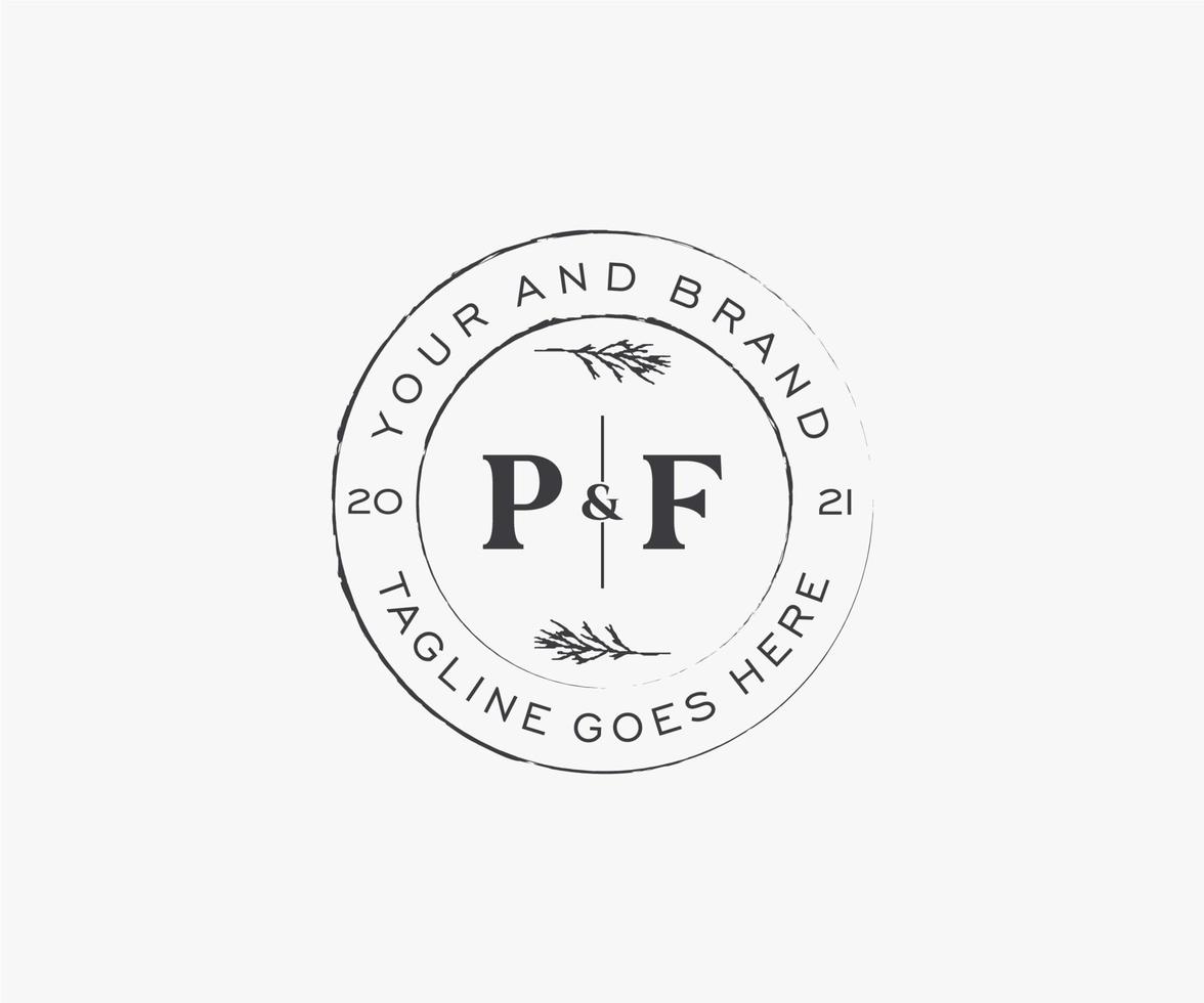initial PF letters floral frames. Botanical feminine editable premade monoline unique decoration for greeting card, wedding invitation. vector