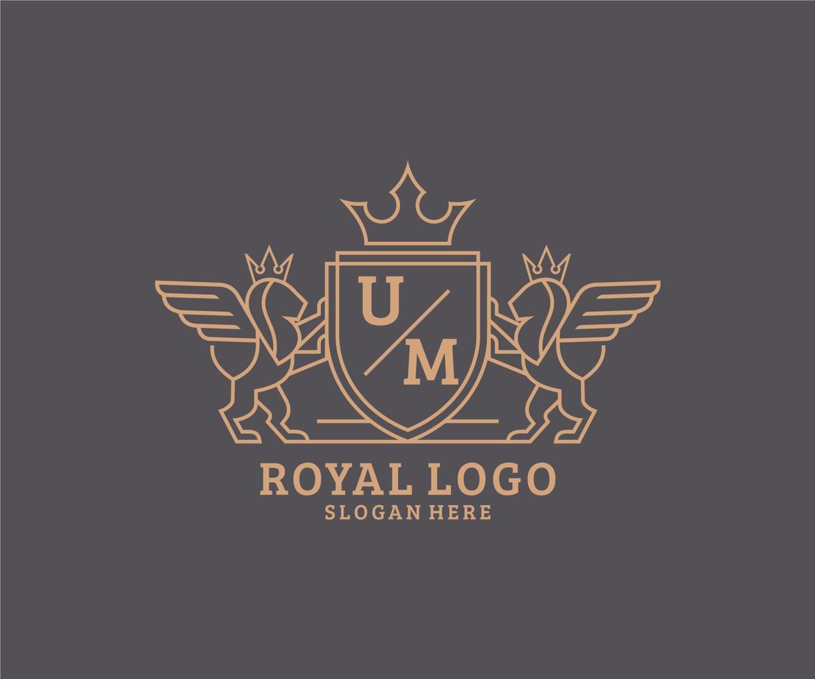 inicial um letra león real lujo heráldica,cresta logo modelo en vector Arte para restaurante, realeza, boutique, cafetería, hotel, heráldico, joyas, Moda y otro vector ilustración.