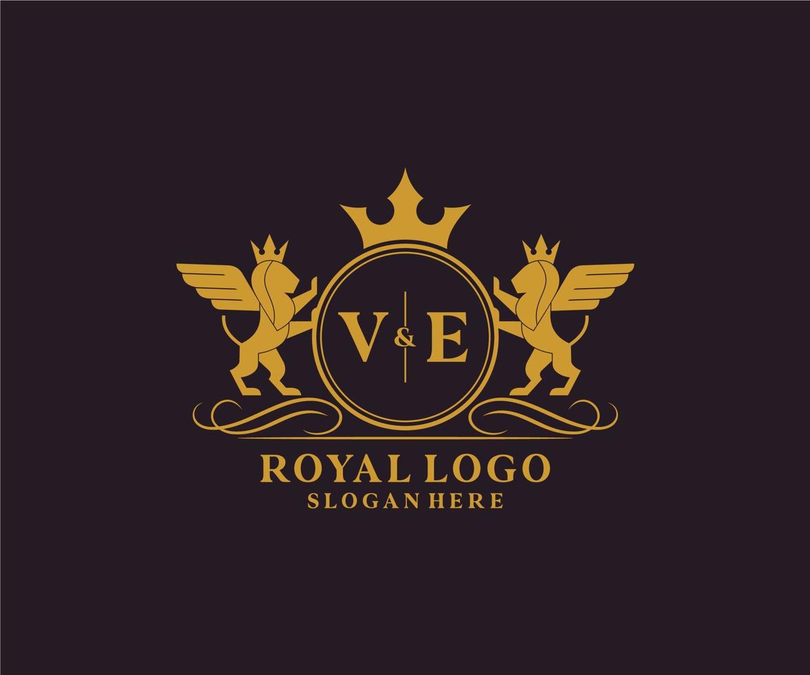 Initial VE Letter Lion Royal Luxury Heraldic,Crest Logo template in vector art for Restaurant, Royalty, Boutique, Cafe, Hotel, Heraldic, Jewelry, Fashion and other vector illustration.