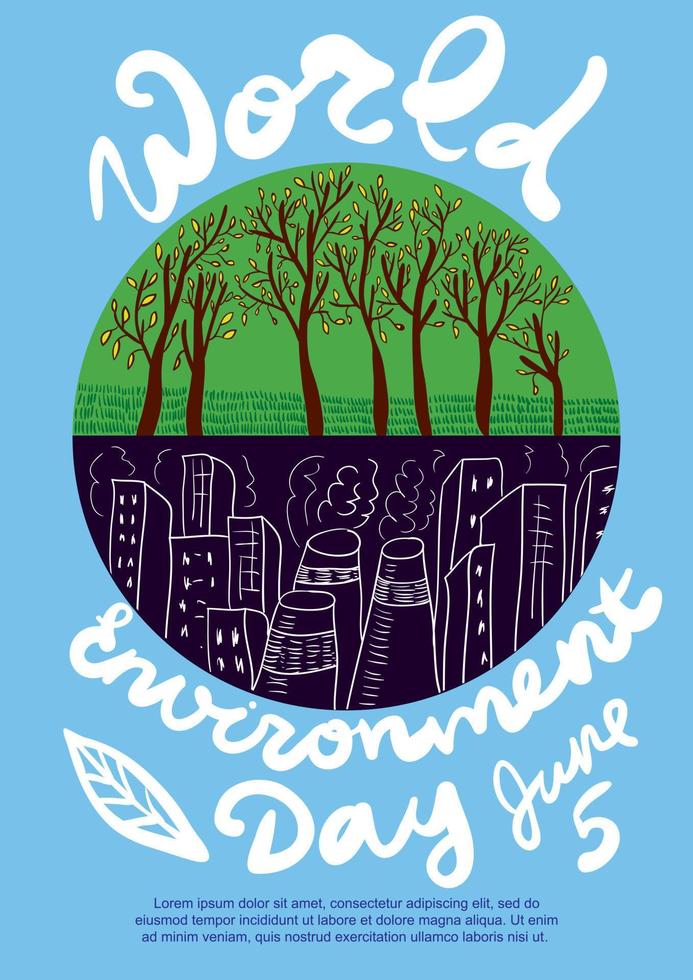 World Environment Day poster with planet illustration. Industrial and nature synthesis. World Environment Day and June 5 lettering. Vector