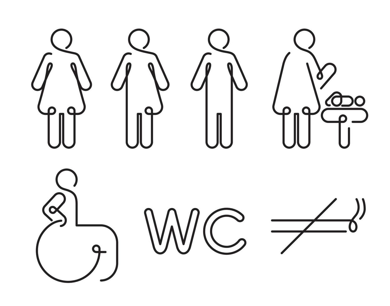 Linear toilet icon set. Male, female, transgender signs. WC sign. All gender restroom sign. Men, women, mother and baby, handicap symbols. No smoking icon. Disabled person. Editable stroke. vector