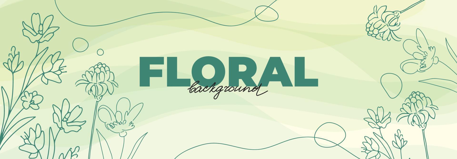 Spring banner design with linear floral elements, watercolor style background. Green botanical template with line graphics, tulips, branches, ginger flower vector