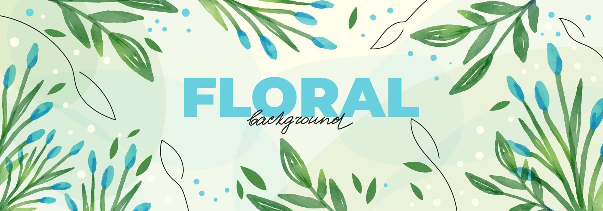 Spring background with watercolor botanical elements for banner design. Template with blue flowers, bouquet, branches, leaves, stems, spots, linear elements. vector