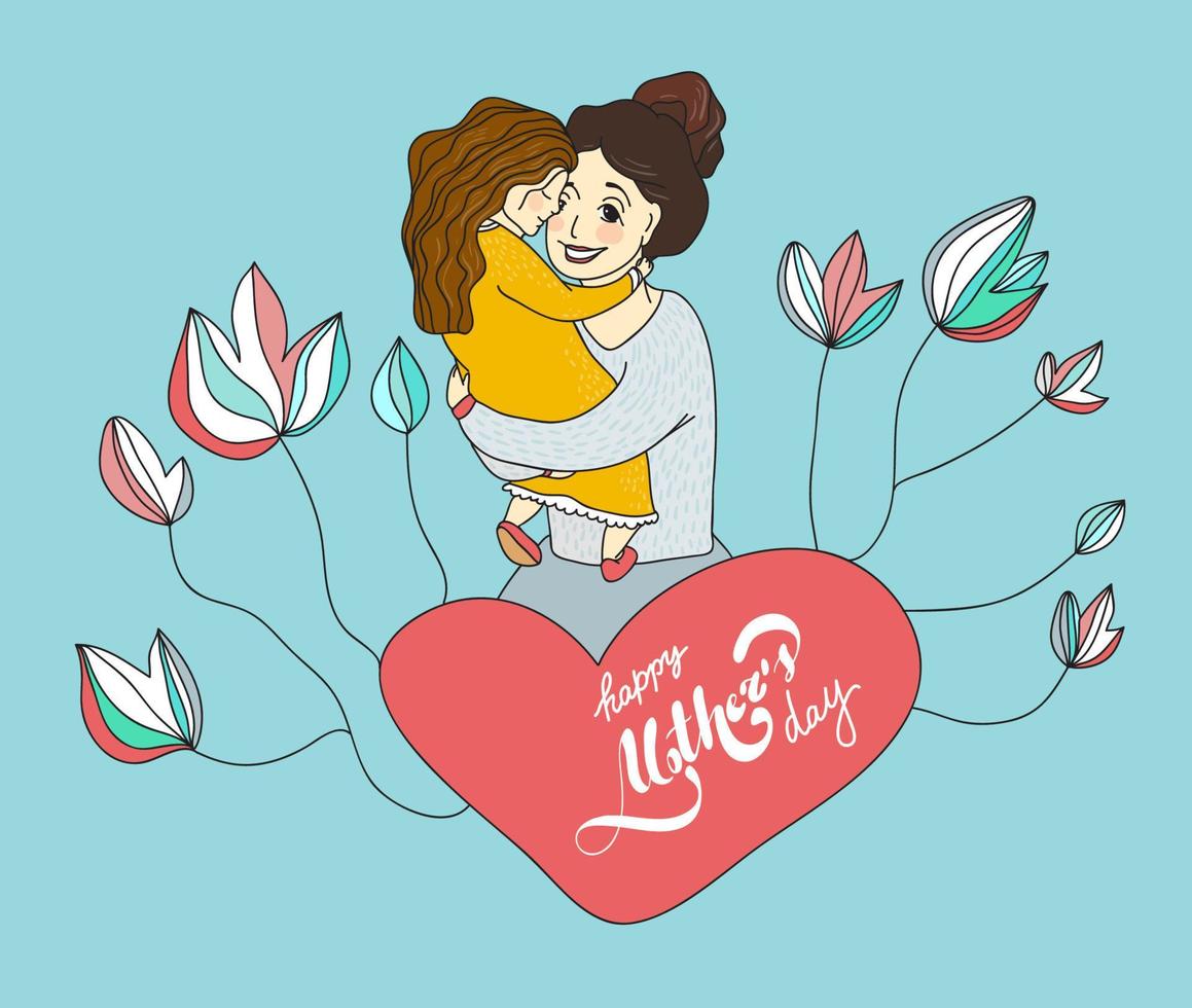 Mother's day greeting card. Illustration with mom and child. Calligraphy phrase Happy Mother's Day vector
