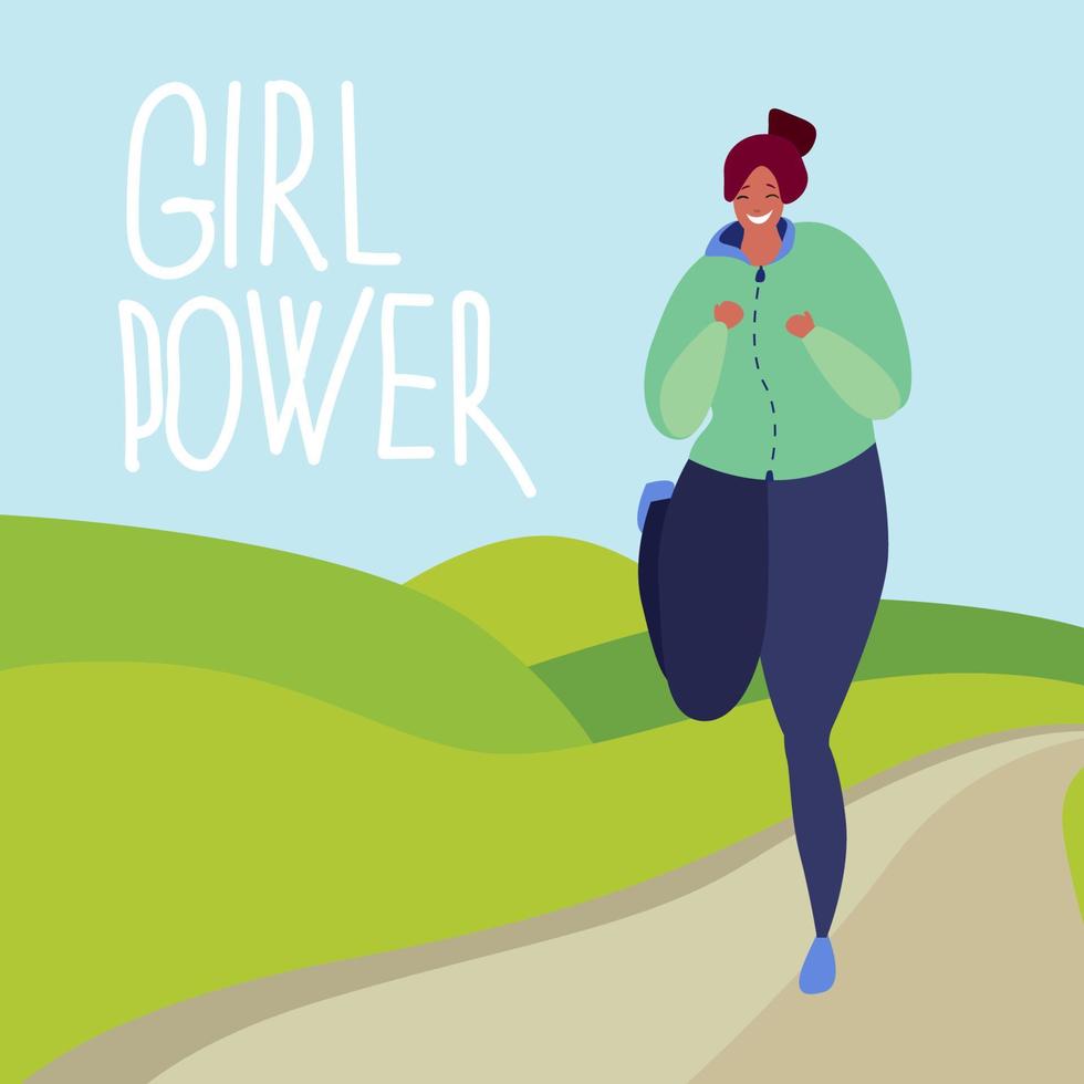 Happy plus size woman in tracksuit is running in the fields. Girl power concept. vector