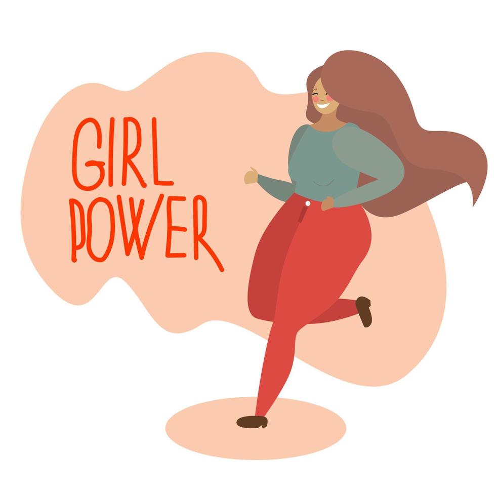 Happy plus size woman is running. Girl power vector