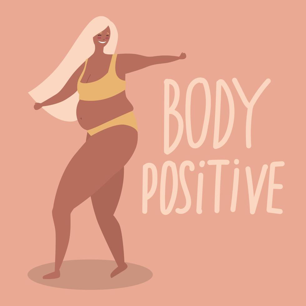 Happy plus size woman dressed in underwear. Body positive concept.  International women's day. 8 march card. Mental health vector