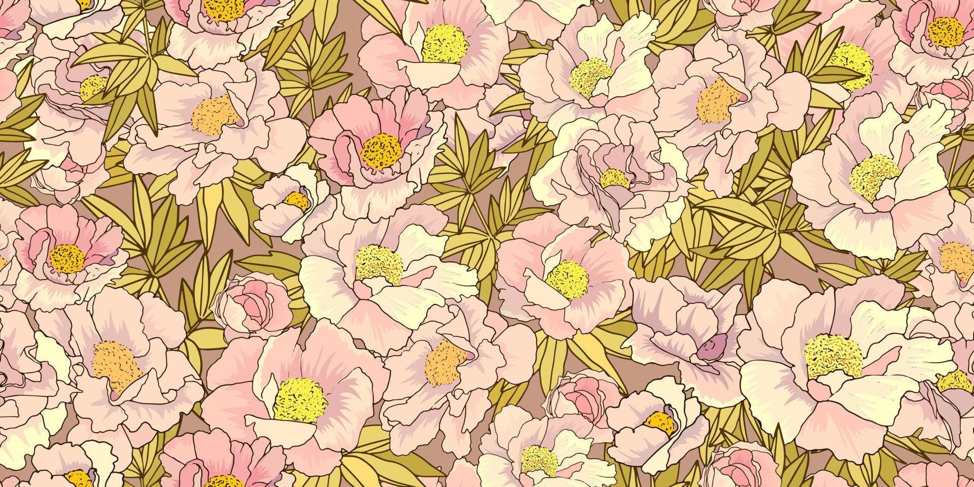 Pink peony blooming pattern. Flowering peony tree garden. Victorian style vector