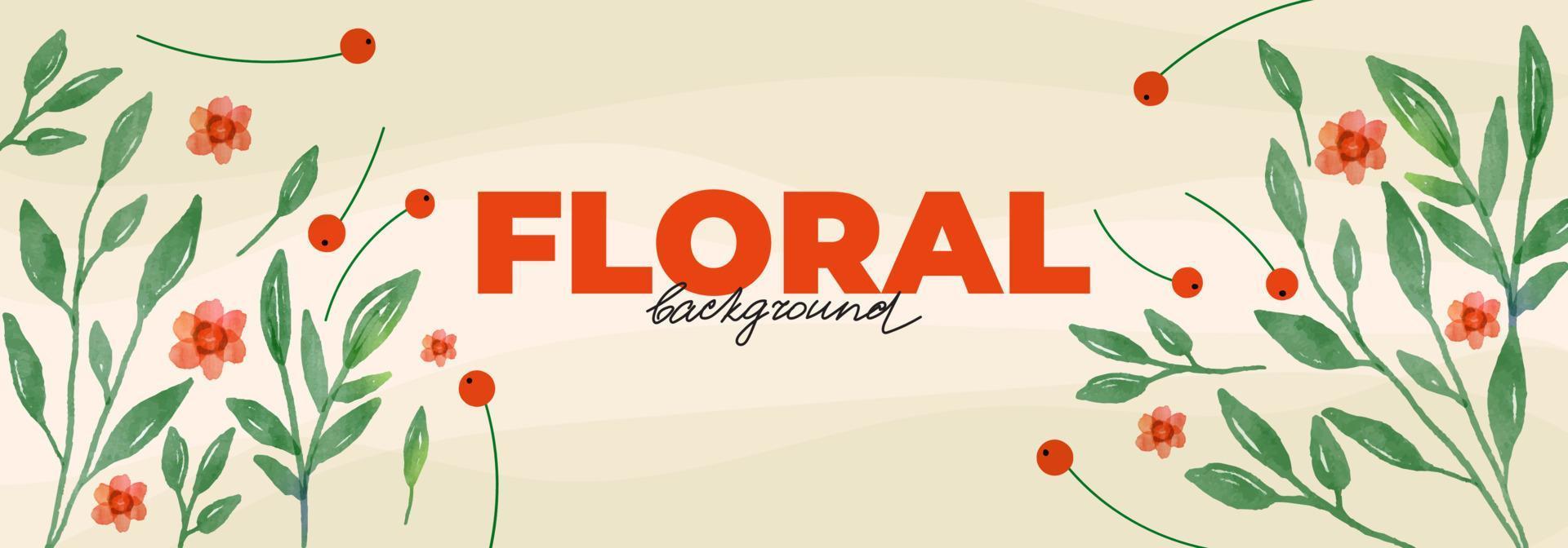 Spring background with watercolor branches, flowers and berries for banner design. Template with leaves, stems, floral elements, rowan, viburnum vector