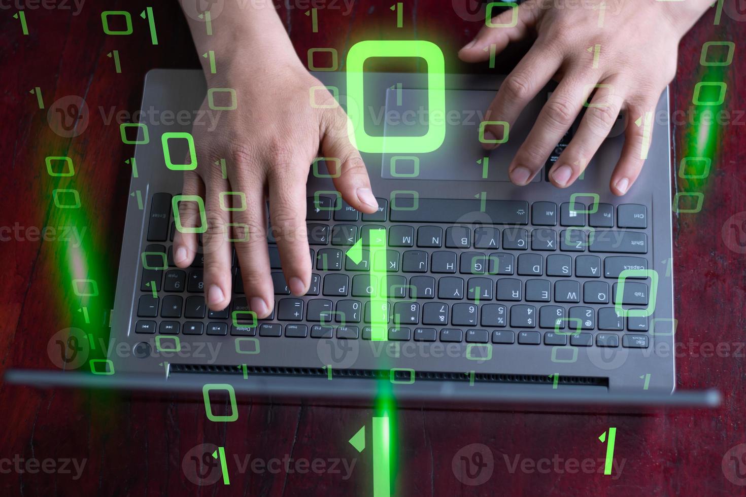 Top view hands are typing and learning how to start computer coding photo