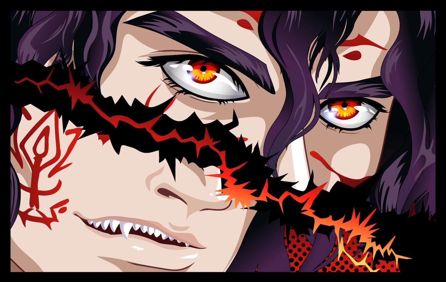 Face of a male vampire with fangs and red eyes. vector