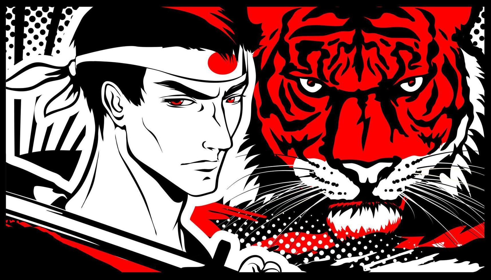 Samurai man with katana and tiger in manga and anime style. vector