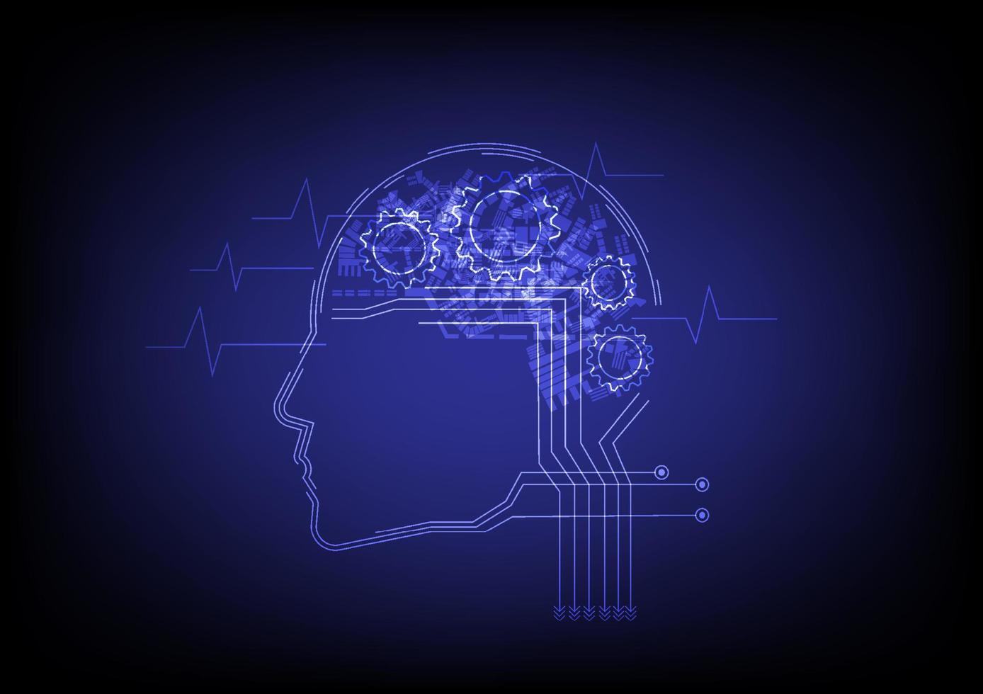 Concepts of brain artificial intelligence. Brain waves, brain network connection. Vector illustration.