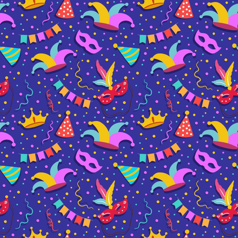 Happy Purim Jewish festival endless background. vector seamless pattern set with carnival elements