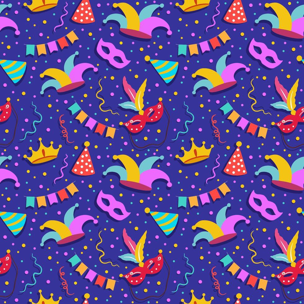 Happy Purim Jewish festival endless background. vector seamless pattern set with carnival elements