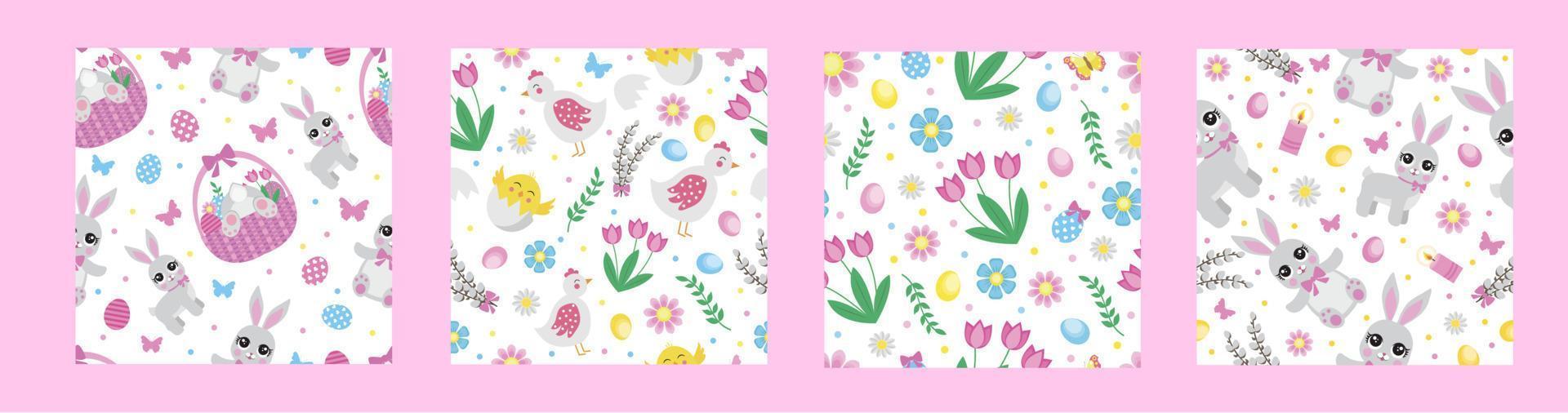 Cute set of Easter seamless patterns with funny cartoon characters and floral elements vector