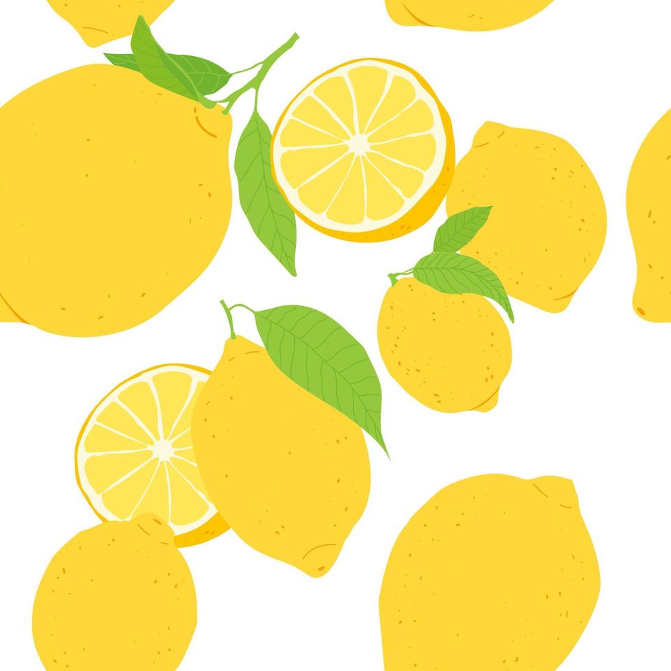 Seamless pattern with lemon fruits and leaves. Fruit repeating background. Vector illustration for fabric or wallpaper