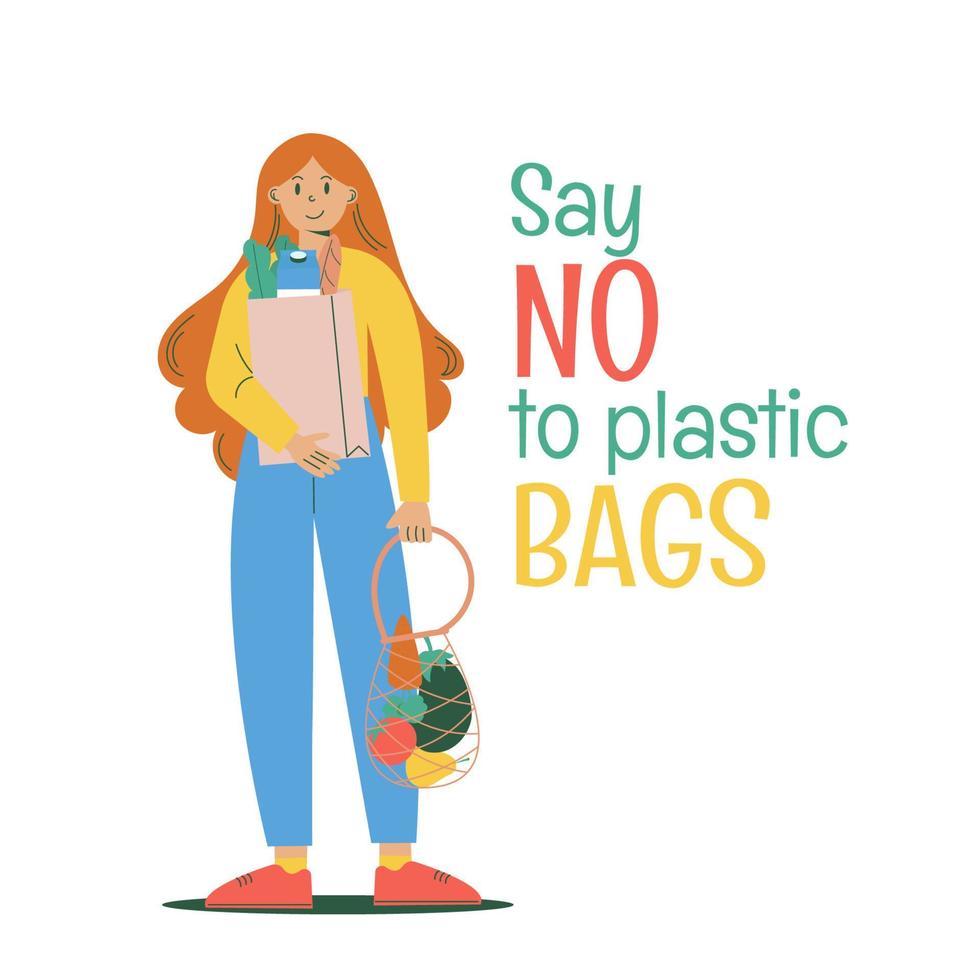 Zero waste concept illustration. A woman with reusable bags. Phrase say no to plastic bags. vector