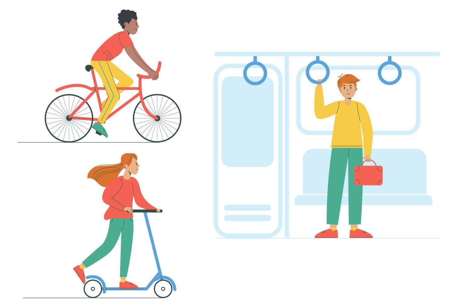 Vector illustration in flat design of different people on different types of transportation. Cycling, riding a scooter, public transport. World health day. Healthy lifestyle