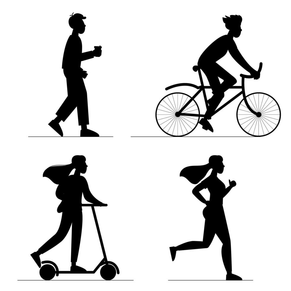 vector silueta ilustración en plano diseño de personas comprometido en varios Deportes. correr, caminando, ciclismo. mundo salud día. sano estilo de vida