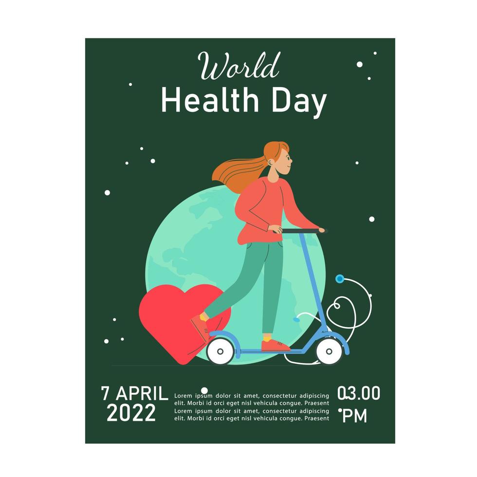 World health day flyers, posters design. A woman riding a scooter vector