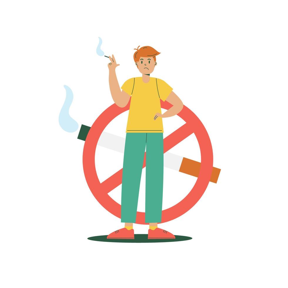 A hand-drawn illustration for World No Tobacco Day. A man smokes and is not happy vector