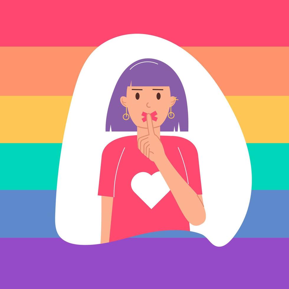 LGBT Day of Silence. A woman with a closed, taped mouth, raising her finger to her lips, signifying silence vector