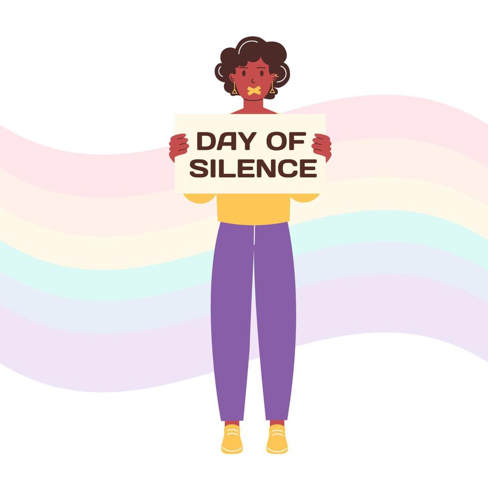 lgbt día de silencio. un afroamericano mujer sostiene un bandera con el inscripción día de silencio con su boca grabado terminado vector