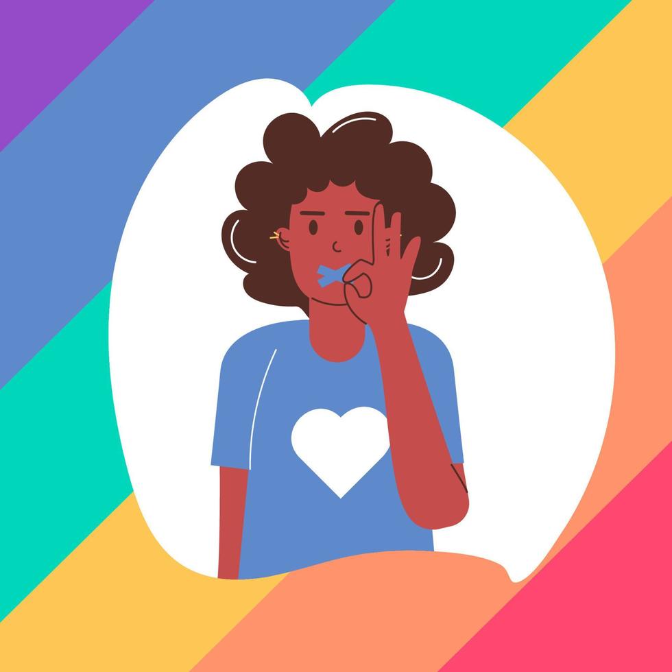 LGBT Day of Silence. African-American man with closed, taped mouth, raising his finger to his lips to signify silence vector