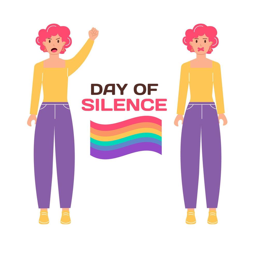 lgbt día de silencio. un mujer gritando fuerte, un mujer con un cerrado, grabado boca vector
