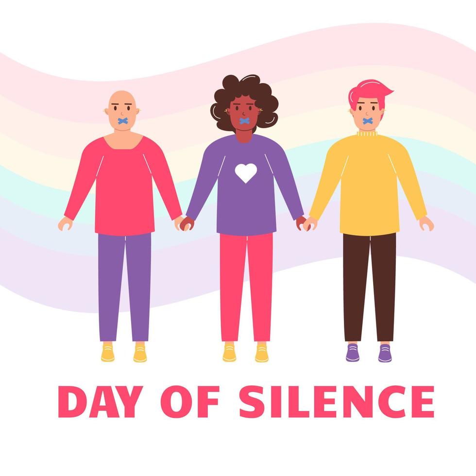 lgbt día de silencio. un grupo de hombres de diferente Razas, un afroamericano, participación manos vector