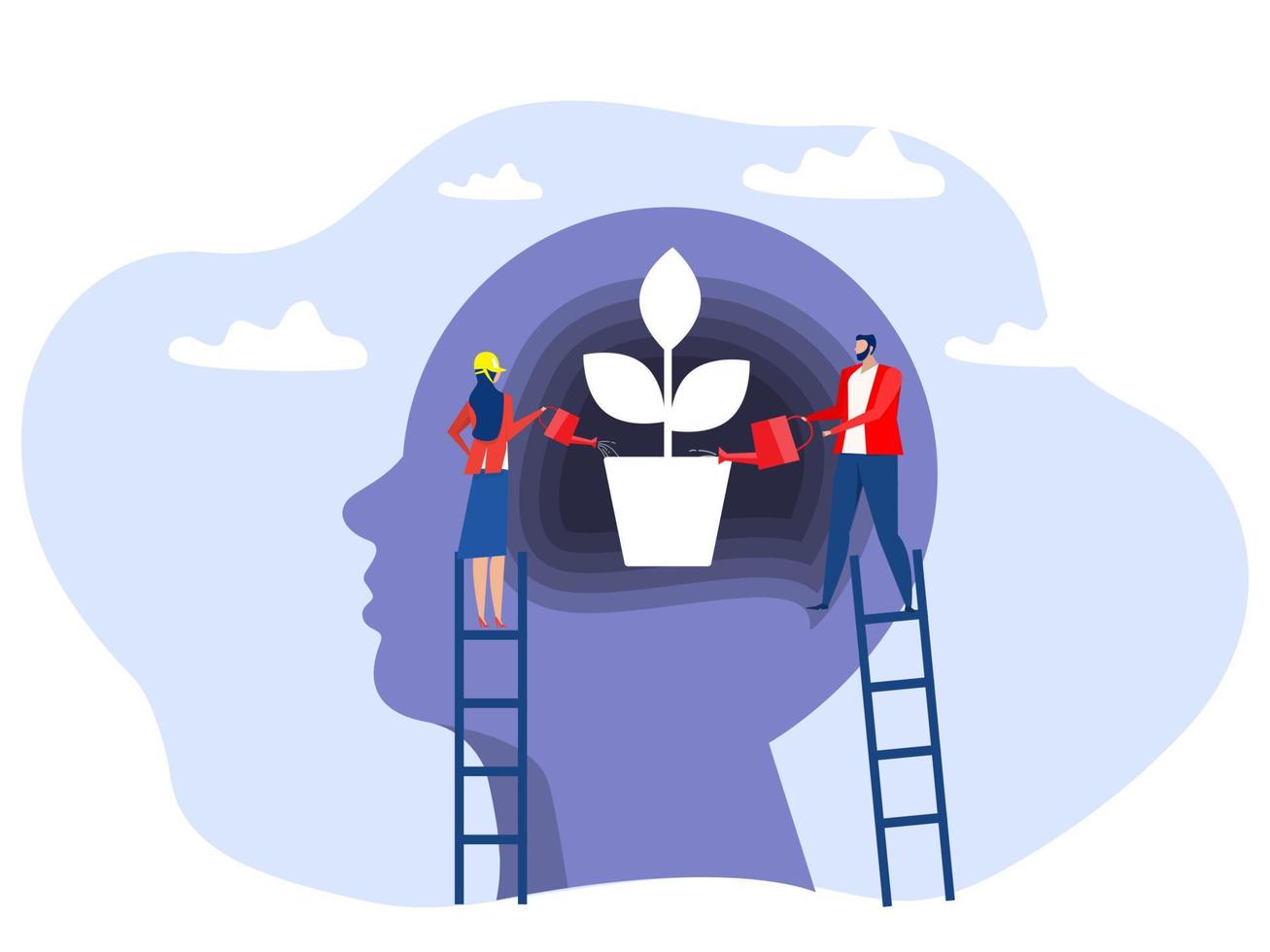 Growth mindset concept ,people watering plants from the brain as personality growth, self-improvement and self-improvement ideas flat vector illustrator