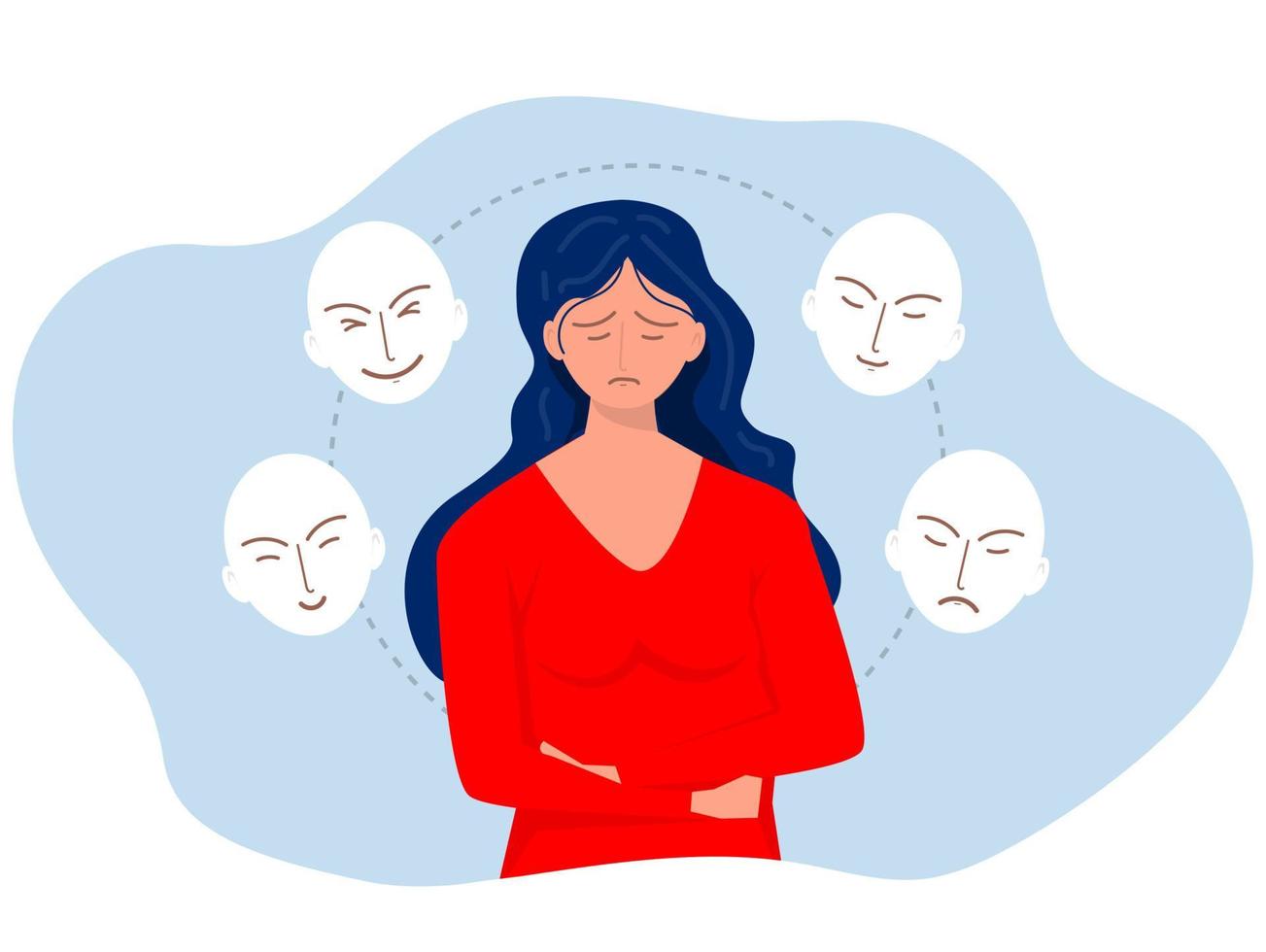 impostor síndrome, muchachas triste cubierta cara expresiones ,problemas, bipolar, trastorno hipocresía, y división personalidad mental salud enfermedad y psicológico problemas concepto vector ilustrador