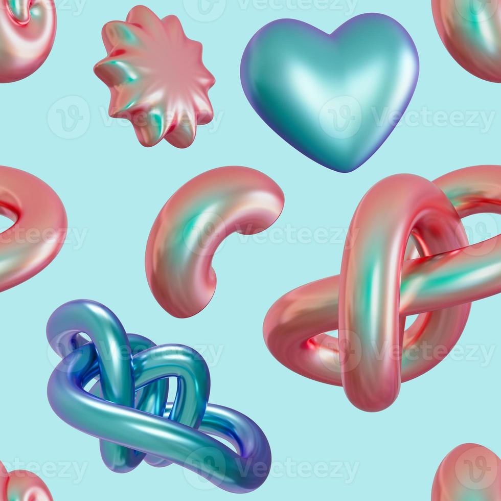 Seamless pattern with abstract 3D shapes on blue background. Colorful design for print, textile, wrapping paper. Holographic, trendy and futuristic elements. Iridescent objects. 3d render. photo