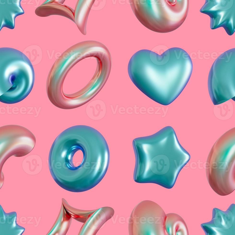 Seamless pattern with abstract 3D shapes on pink background. Colorful design for print, textile, wrapping paper. Holographic, trendy and futuristic elements. Iridescent objects. 3d render. photo