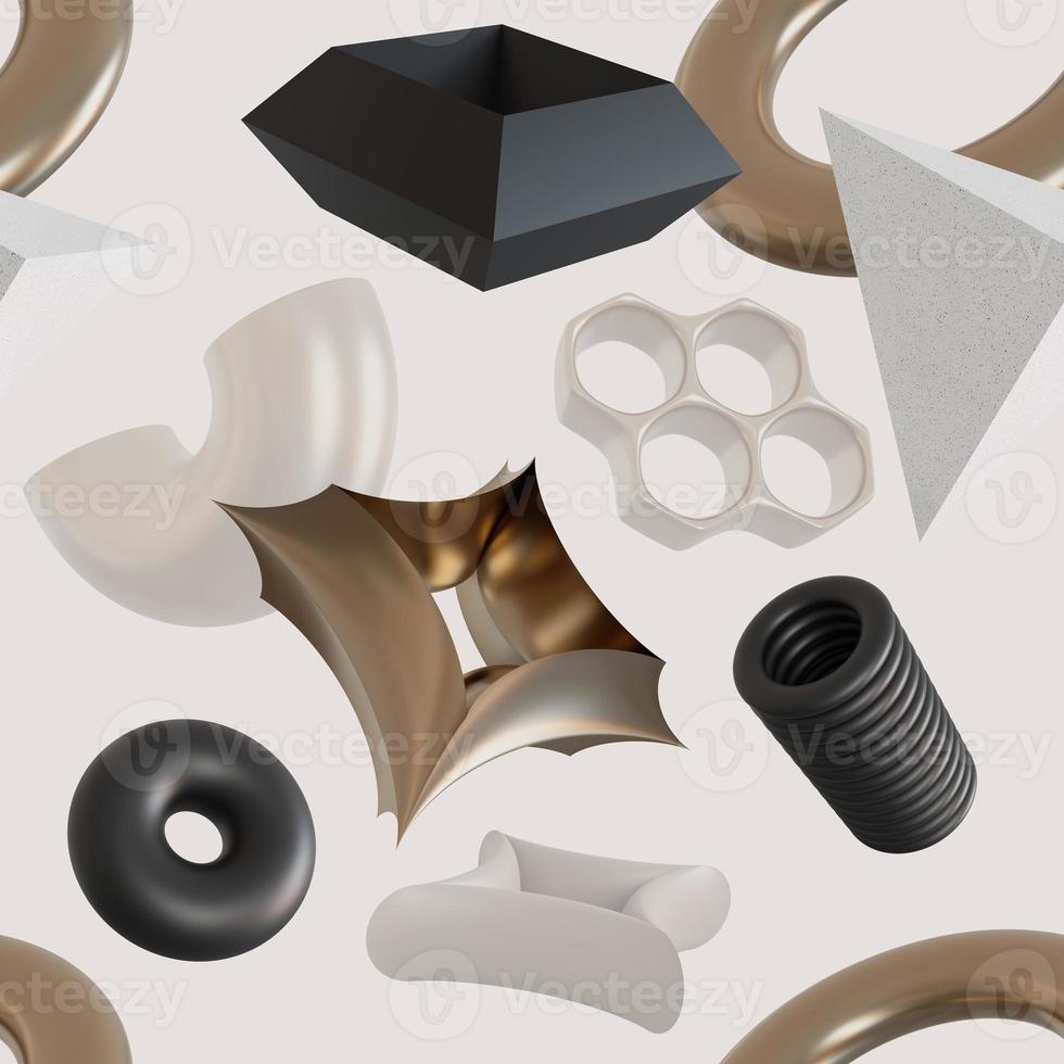 Seamless pattern with abstract black, white and metallic 3D shapes on beige background. Modern design for print, textile, wrapping paper. Trendy and futuristic elements. 3d render. photo