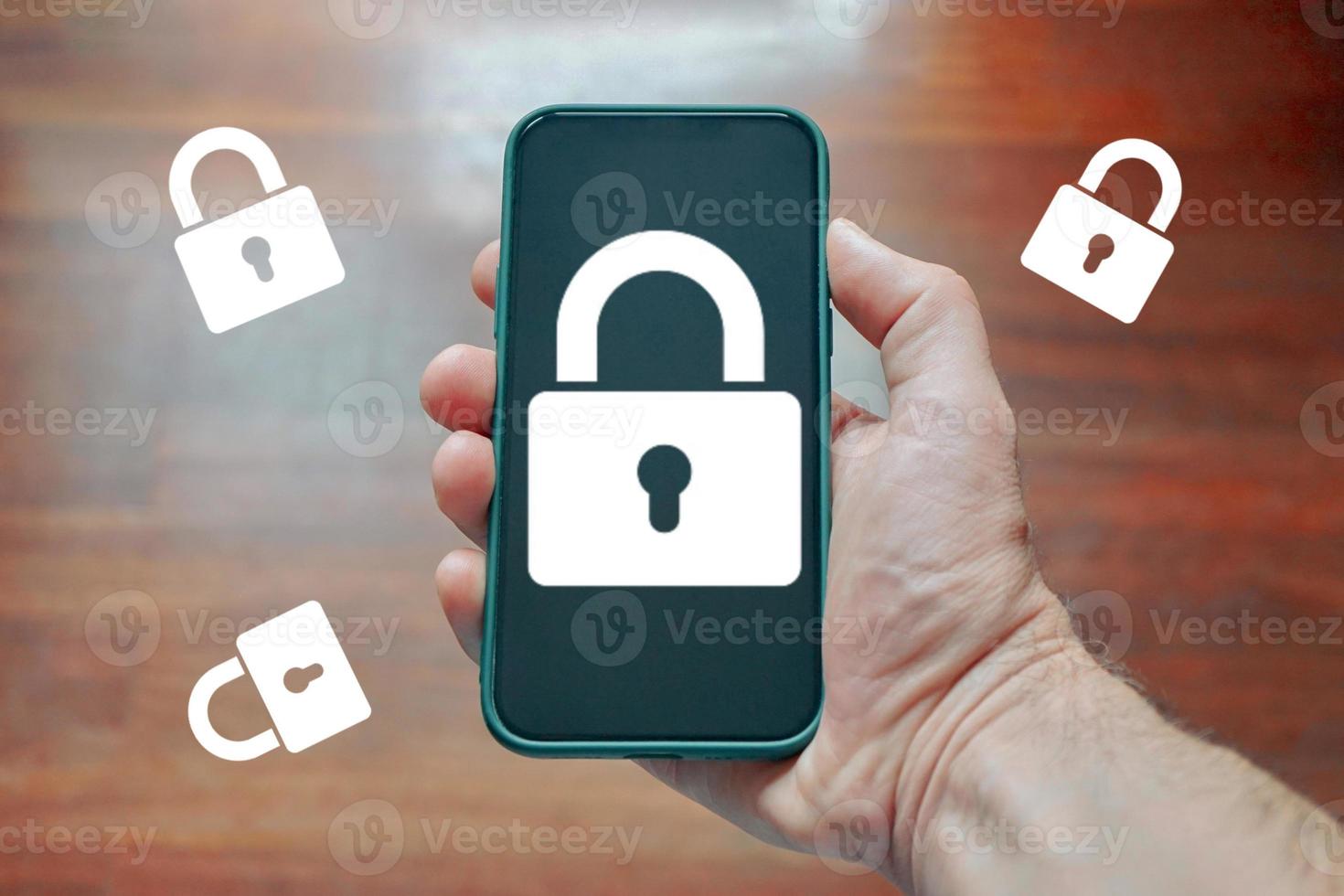 hand holding a phone with a padlock security symbol photo