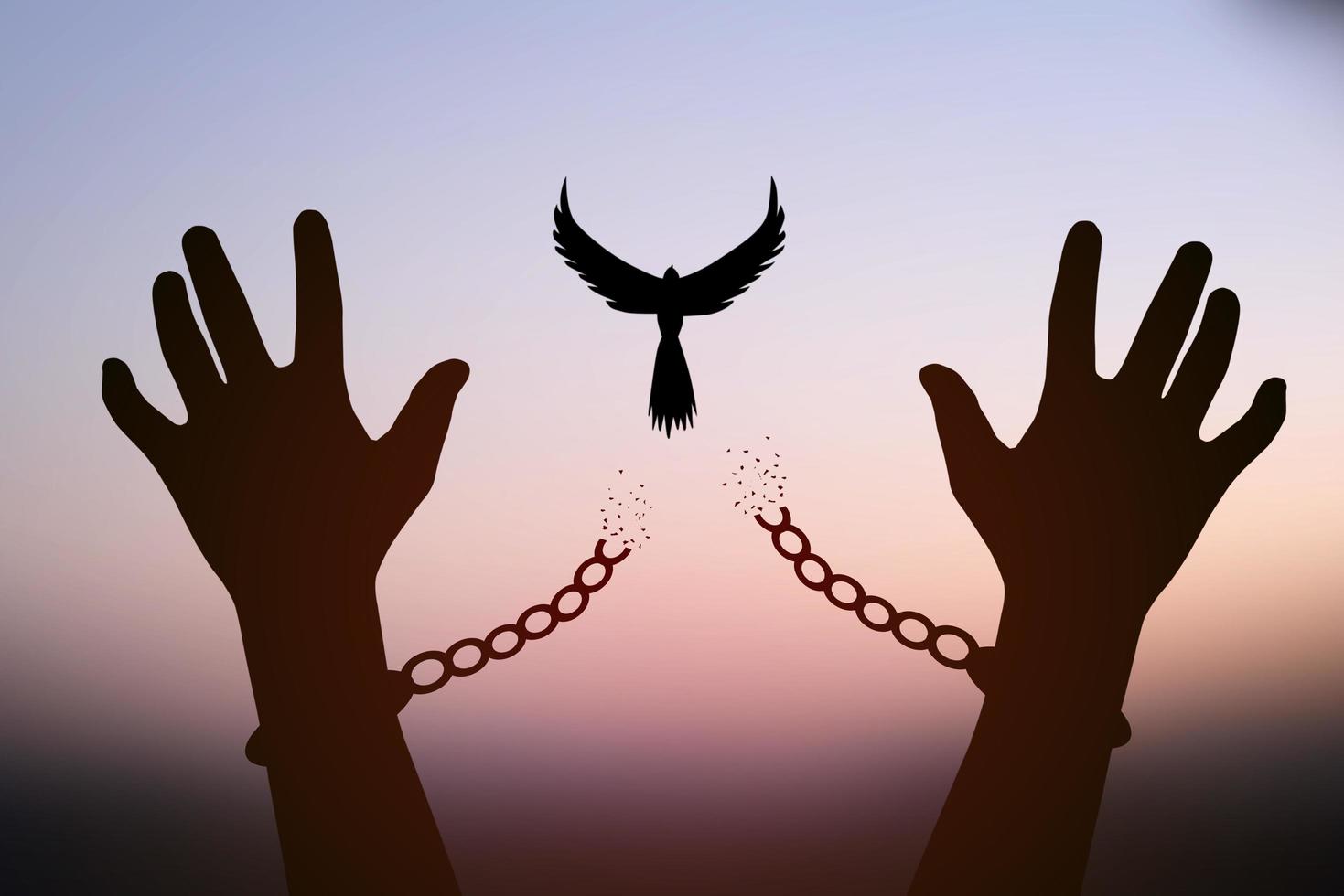 Freedom concept. The top dove leaves the broken chain from the prisoner's arm. photo