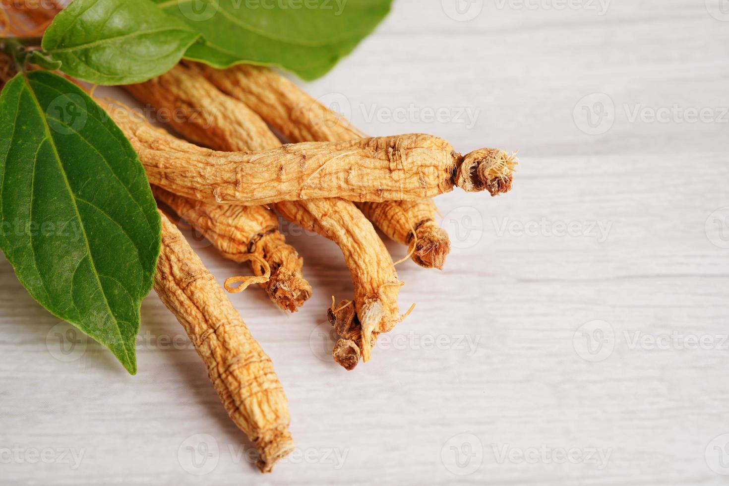 Ginseng roots and green leaf, healthy food. photo