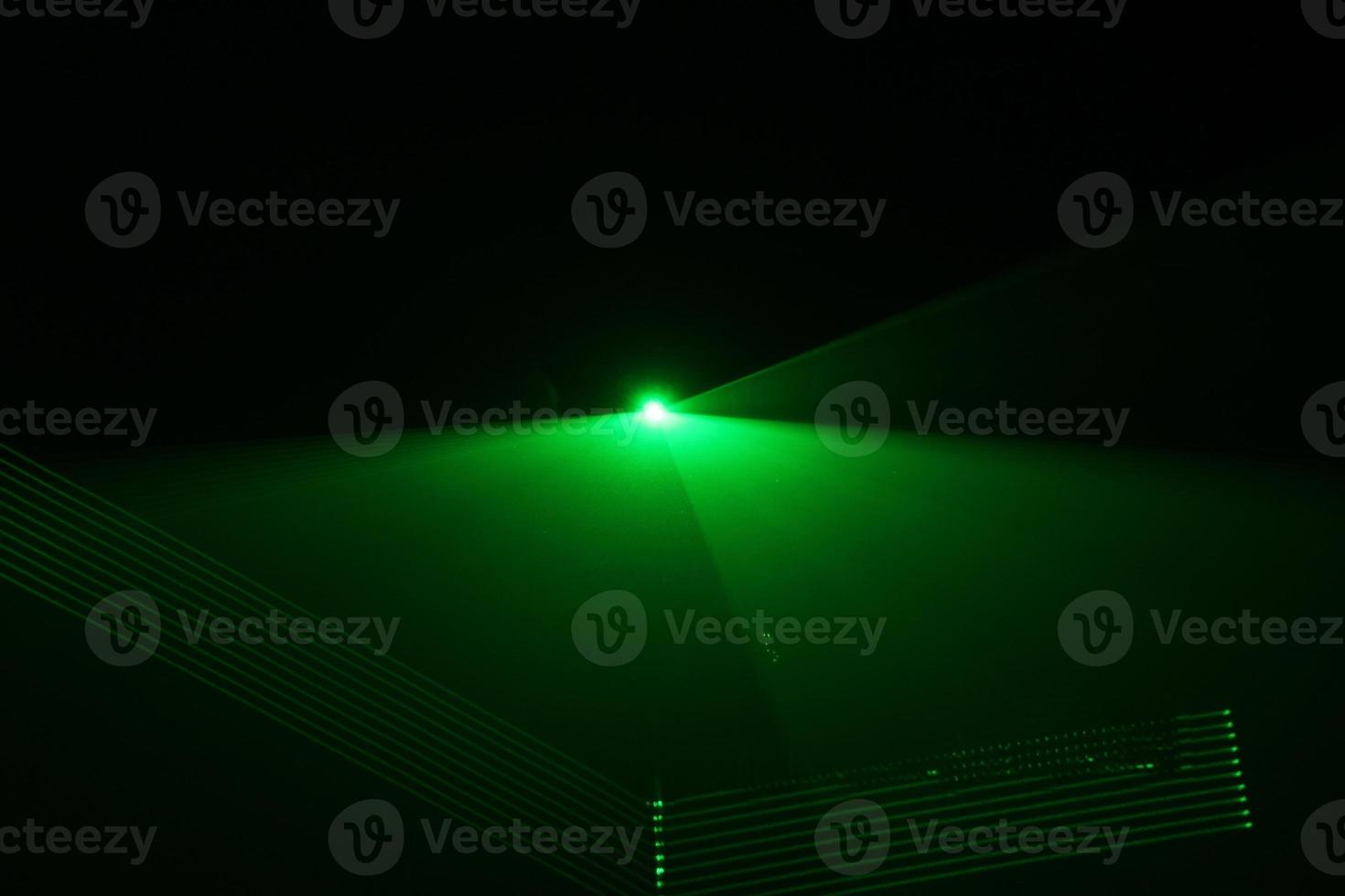 green beam laser beam on dark background photo