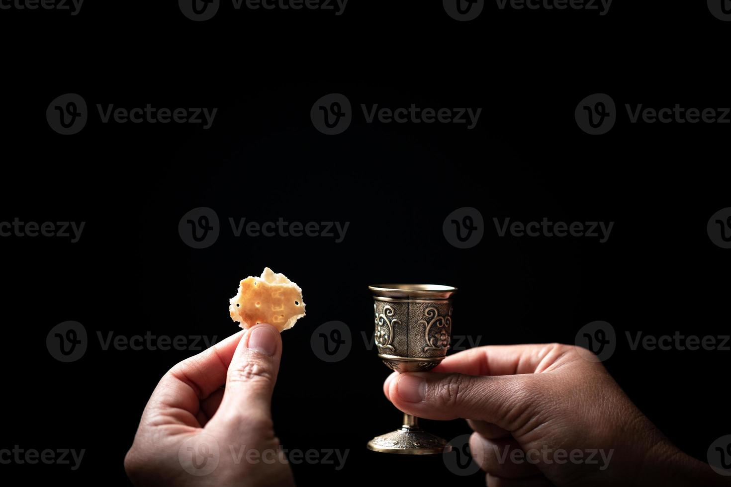 Concept of Eucharist or holy communion of Christianity. Eucharist is sacrament instituted by Jesus. during last supper with disciples. Bread and wine is body and blood of Jesus Christ of Christians. photo