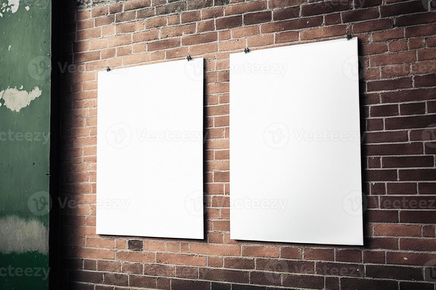 Two white paper posters on the wall urban mockup at night city photo