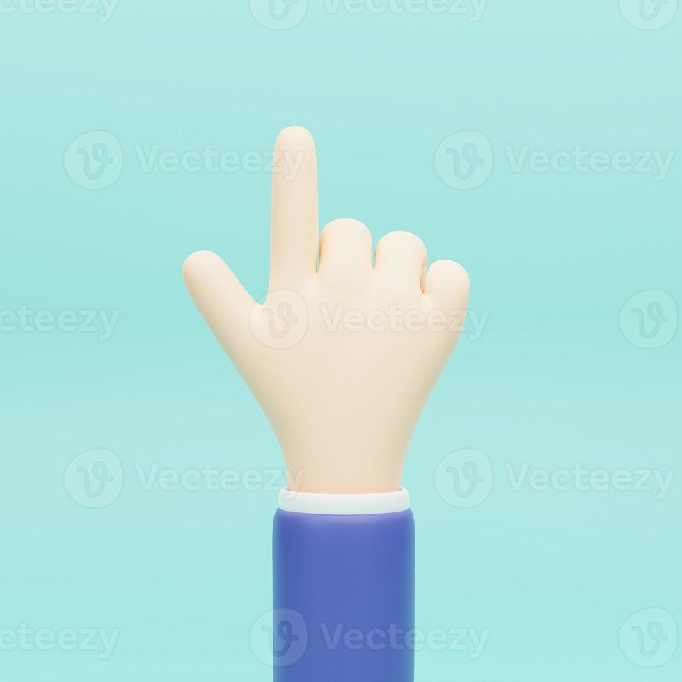 dibujos animados personaje mano señalando gesto. negocio acortar Arte aislado en azul antecedentes. espectáculo dos dedos 3d ilustración. foto