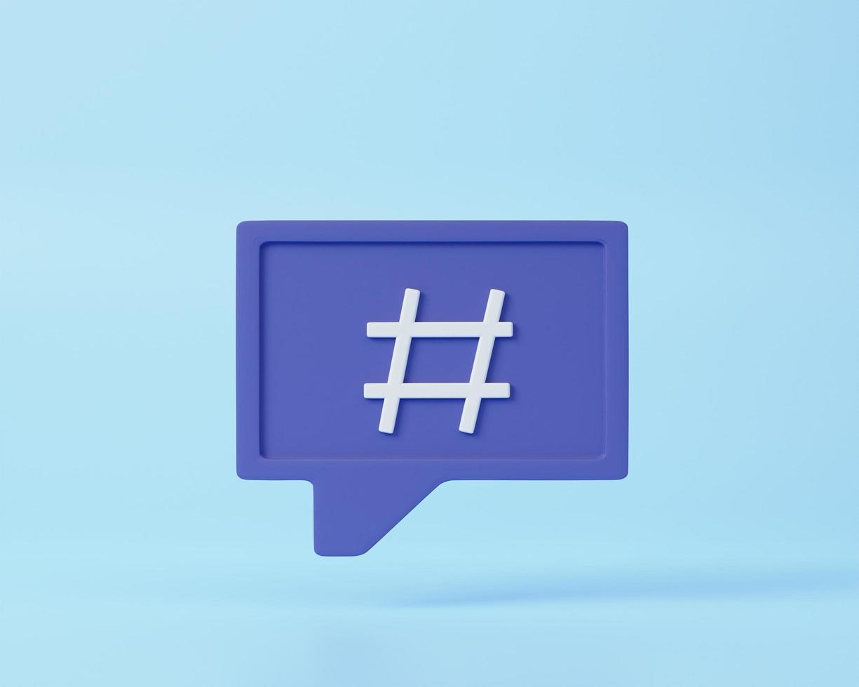 Hashtag sign symbol in social media notification icon on pastel blue background, copy space. 3d render. photo